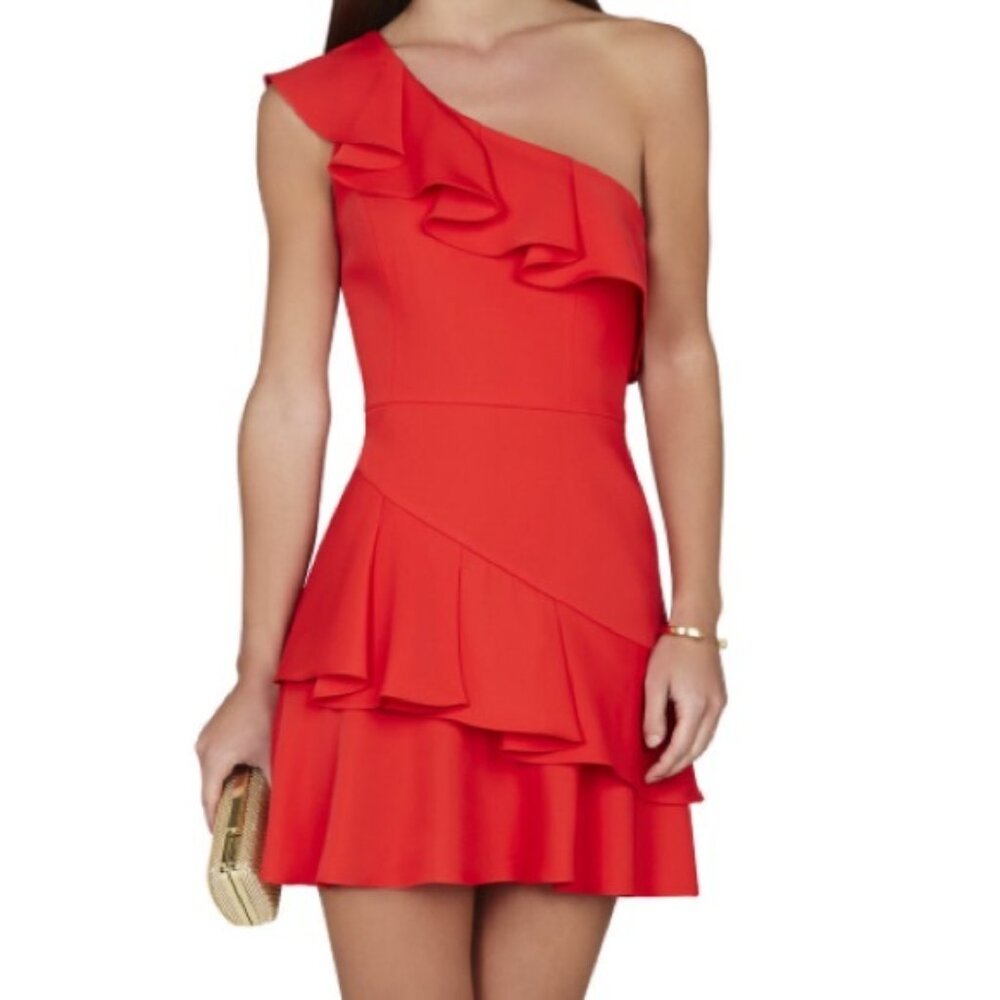BCBGMAXAZRIA Red Calinda Ruffle One Shoulder Mini Dress
